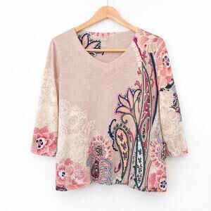 Chicos Top Womens Size XLP Pink Floral Paisley Print Cotton Modal Blend Bohemian